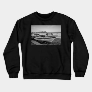 Traditional fishing boat on Cromer beach with the Victorian pier in the background Crewneck Sweatshirt